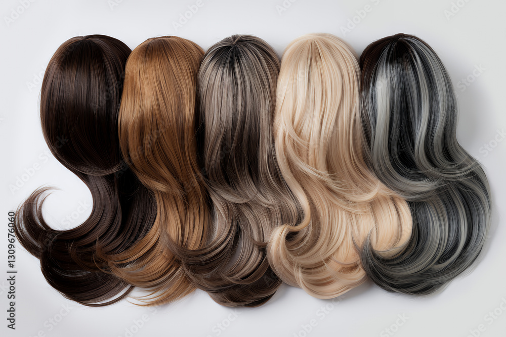 a collection of five stylish wigs in a row, showcasing a variety of hair colors and textures a collection of five stylish wigs in a row, showcasing a variety of hair colors and textures