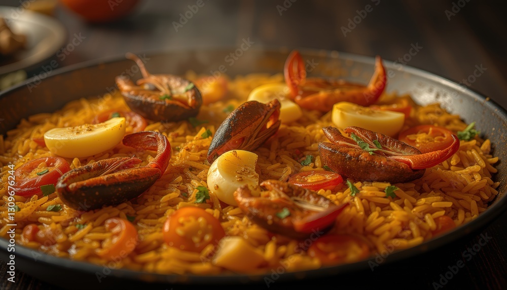 Spanish Seafood Paella with Mussels Shrimp and Saffron in a Sizzling Pan Spanish Seafood Paella with Mussels Shrimp and Saffron in a Sizzling Pan