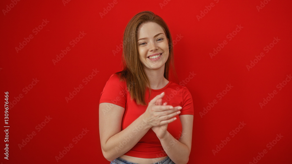 Young redhead woman clapping isolated over a red background with a cheerful smile, wearing a casual red top. Young redhead woman clapping isolated over a red background with a cheerful smile, wearing a casual red top.