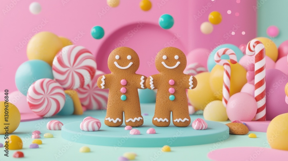 Obraz premium Cute Gingerbread Cookies Surrounded by Colorful Sweets and Candies