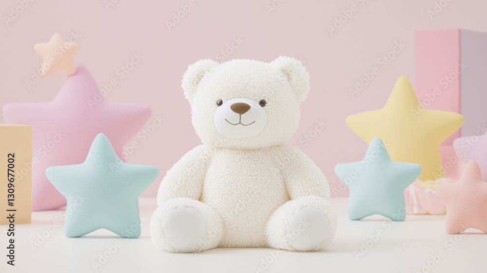 Obraz premium Soft White Teddy Bear Surrounded by Colorful Pastel Stars and Blocks