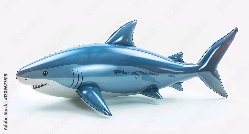 Fototapeta premium Giant inflatable shark toy. Perfect for summer fun. A large, blue shark, ready for a pool party!