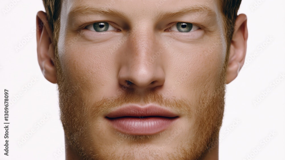 Obraz premium A male model showcases his sharp facial features and clear blue eyes while standing against a plain backdrop in a well-lit studio environment