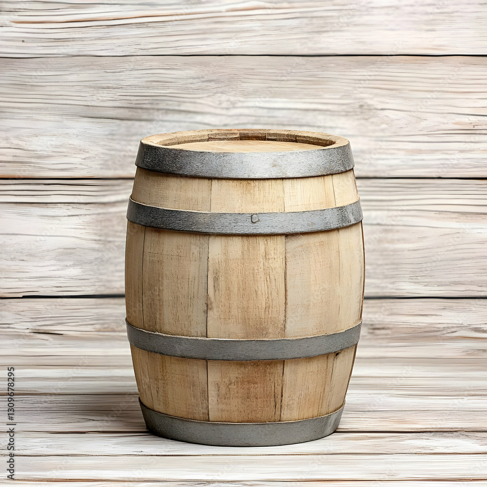 Wooden Barrel on Rustic White Wood Background Illustration Wooden Barrel on Rustic White Wood Background Illustration