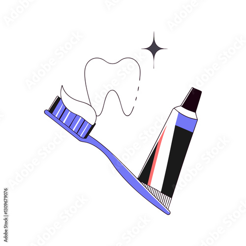 Minimalist vector illustration of a toothbrush with toothpaste and a tooth outline, symbolizing dental care, oral hygiene, and daily cleaning. Simple and modern design.