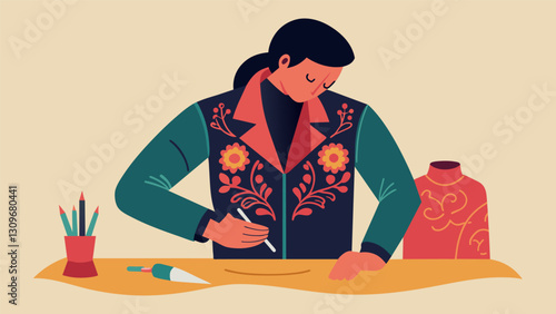 A fashion designer handembroidering intricate designs onto a repurposed leather jacket.. Vector illustration