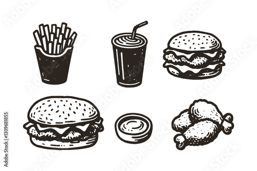 Fast food icons set: burger, fries, drink, chicken legs, sauce, vector art