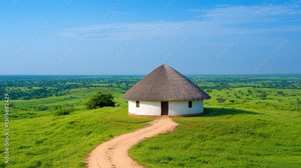 Scenic Rural Landscape with Traditional Hut Against a Blue Sky and Lush Green Fields Scenic Rural Landscape with Traditional Hut Against a Blue Sky and Lush Green Fields