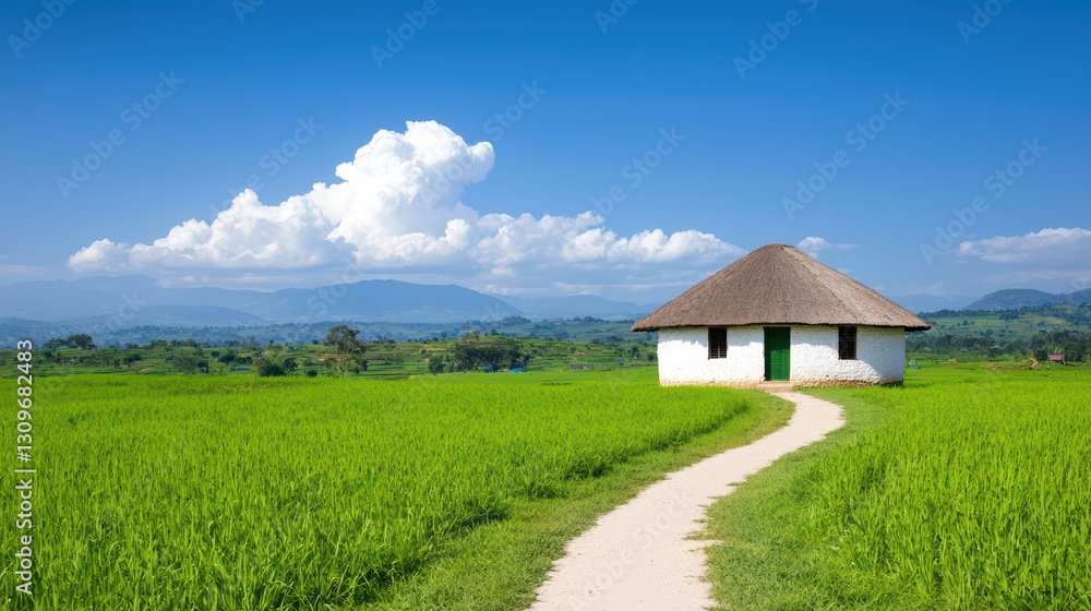 Impactful Scene of Poverty Alleviation in Serene Rural Landscape with Green Fields and Hut
