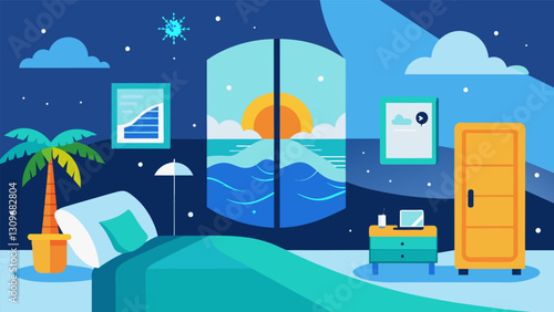 Through voice commands kids can transform their bedroom into a different environment from a tropical beach with sounds of crashing waves to a snowy. Vector illustration