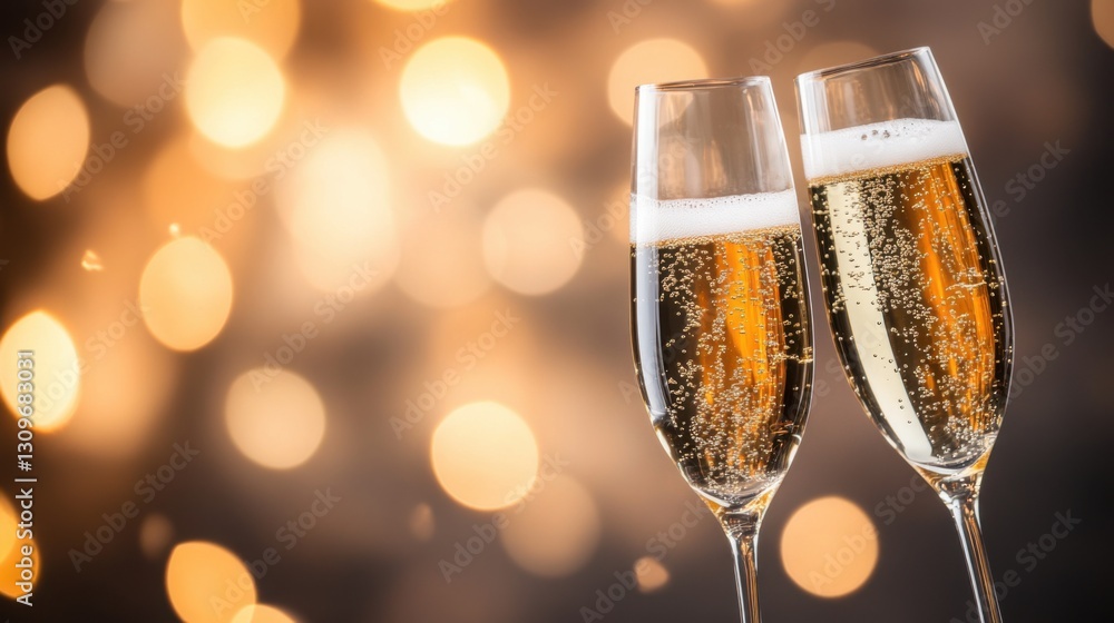 Two champagne flutes filled with sparkling wine against a bokeh background. Two champagne flutes filled with sparkling wine against a bokeh background.