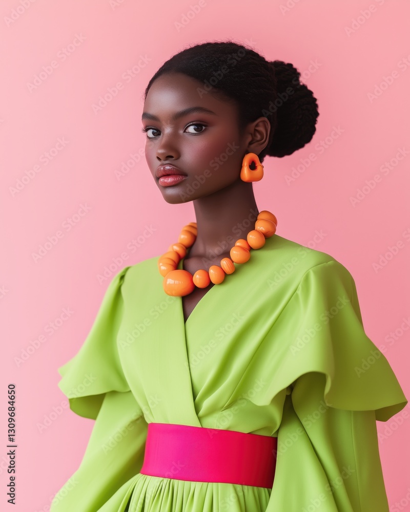 A model showcases a stylish green dress with dramatic sleeves, complemented by orange jewelry against a soft pink backdrop, exuding modern fashion aesthetics A model showcases a stylish green dress with dramatic sleeves, complemented by orange jewelry against a soft pink backdrop, exuding modern fashion aesthetics