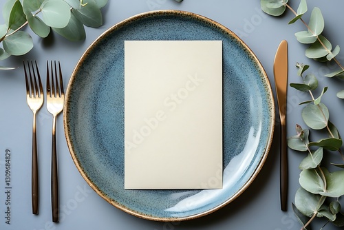 Table setting with menu, gold cutlery & eucalyptus