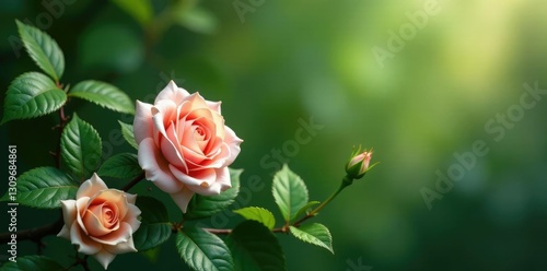 Fototapeta Naklejka Na Ścianę i Meble -  Pearls nestled among lush green rose branches, greenery, soothing, rose branches