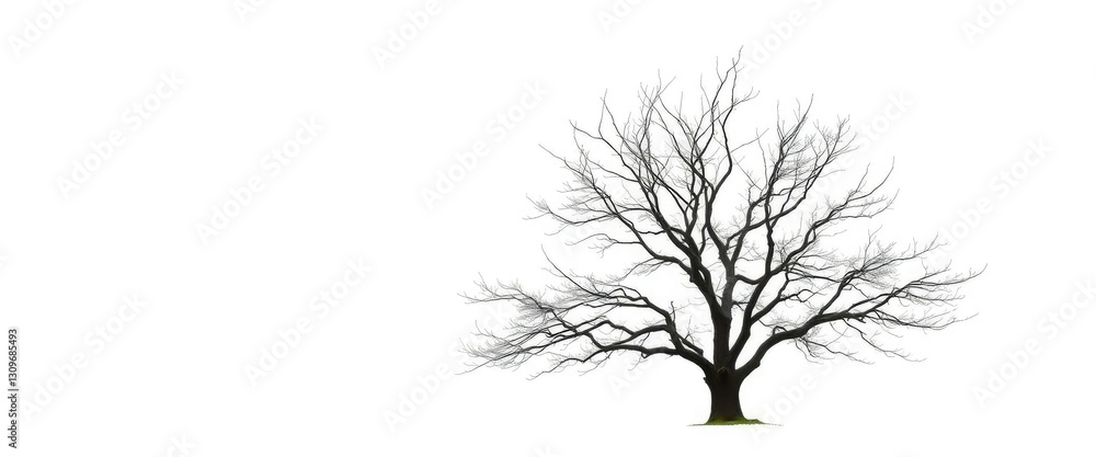 Obraz premium Lone deciduous tree, stark branches against pure white, arboreal, single