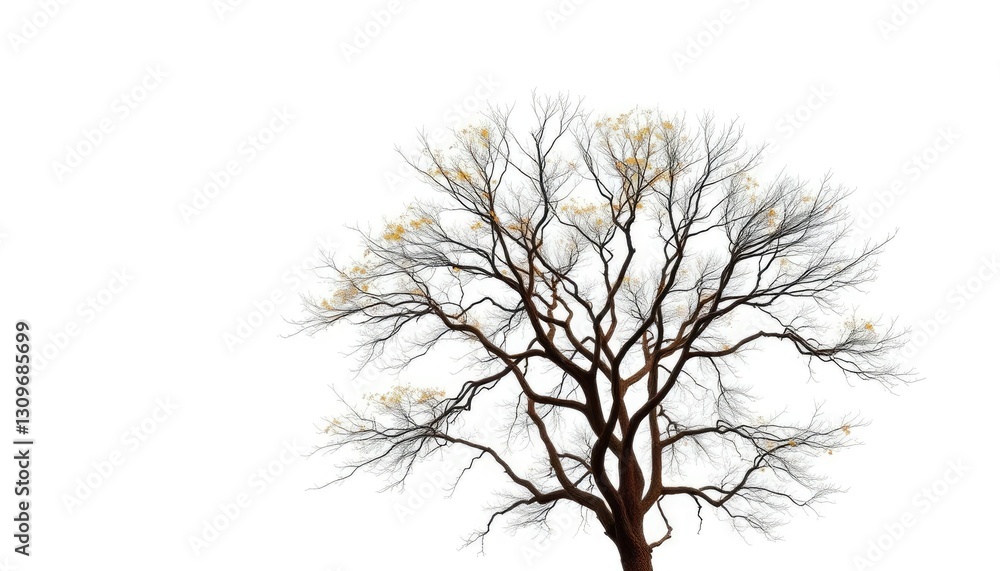 Obraz premium Lone deciduous tree, branches reaching skyward, stark white background, flora, trunk