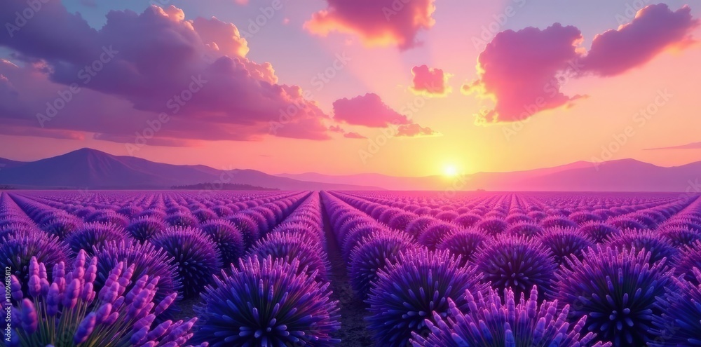 Fototapeta premium Lavender sunset over a serene landscape with silvery stripes, sunset, stripes