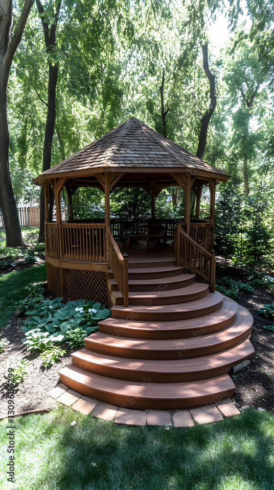 Wooden Gazebo with Curved Deck Steps - Summer Garden Illustration Wooden Gazebo with Curved Deck Steps - Summer Garden Illustration