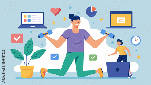 Virtual fitness coaching allows for flexibility in scheduling making it easier to fit workouts into your busy lifestyle.. Vector illustration