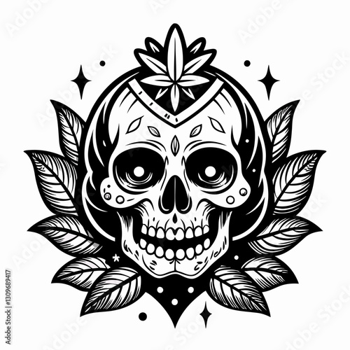 Intricate Floral Skull Art with Decorative Leaves and Star Accents