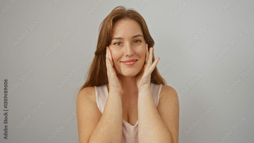 Woman smiling with hands on face against isolated white background, showcasing attractive redhead adult with a friendly expression. Woman smiling with hands on face against isolated white background, showcasing attractive redhead adult with a friendly expression.