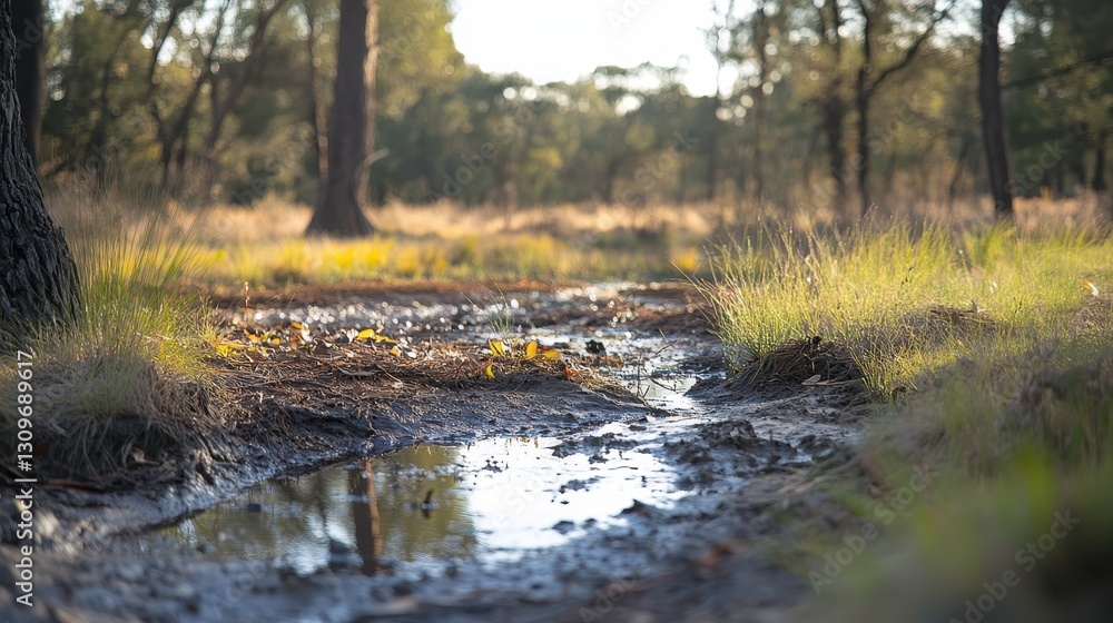 Fototapeta premium Tranquil Forest Stream. Serene Nature in Woodland with Trees and Muddy Patch Reflections