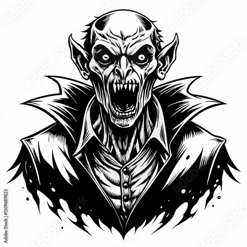 Vintage Ink Illustration of a Menacing Vampire with Fangs and Pointed Ears
