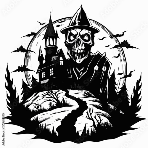 Spooky Gothic Scene with Haunted House and Skeleton Witch in Moonlit Night