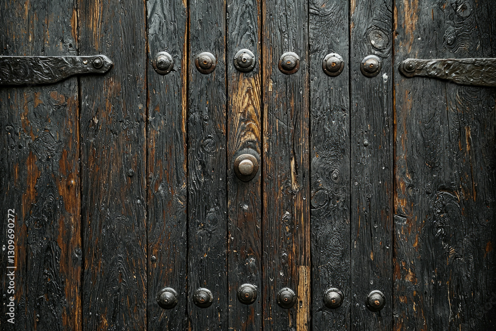 Ancient dark wooden door with metal accents, showing age and weathering. Ancient dark wooden door with metal accents, showing age and weathering.