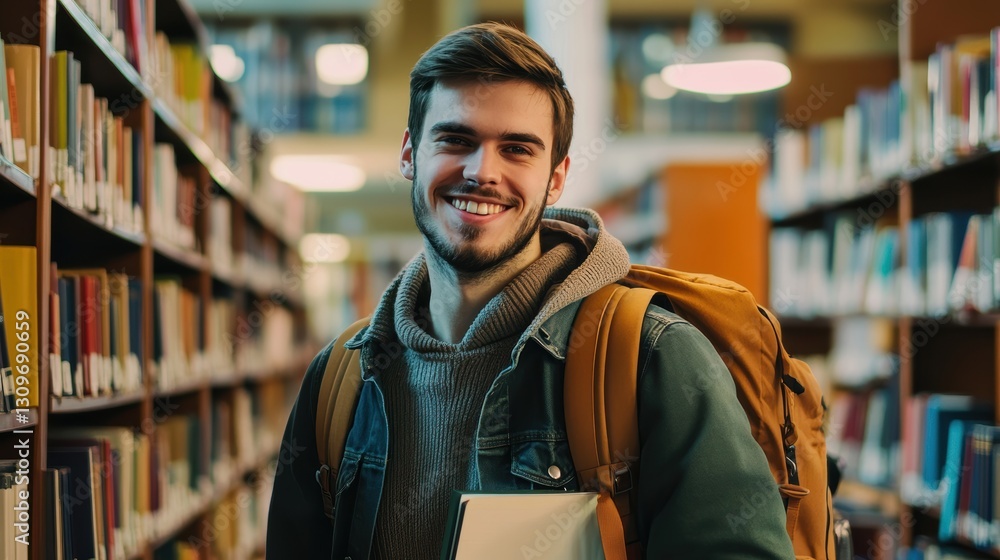 Fototapeta premium Handsome Smile student man with backpack and books in library, education, university, cheerful, college, happy, standing, school, backpack, attractive, enjoyment, confidence