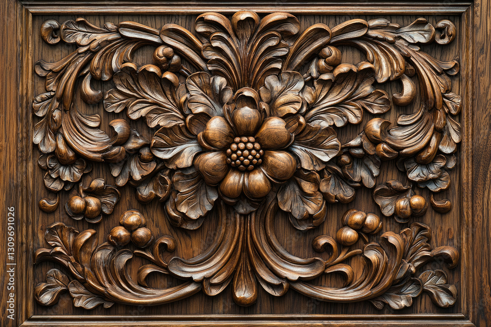 Intricate wooden carving featuring a central flower and swirling leaves, showcasing exceptional craftsmanship. Intricate wooden carving featuring a central flower and swirling leaves, showcasing exceptional craftsmanship.