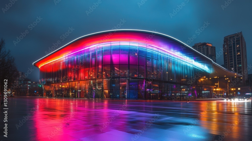 Obraz premium Light trails on the modern building background. Light trails at night in urban environment, Abstract Motion Blur City, traffic, transportation, street, road, speed