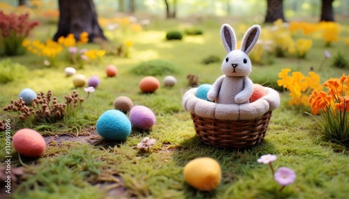 knitted easter bunnies with a basket of eggs

