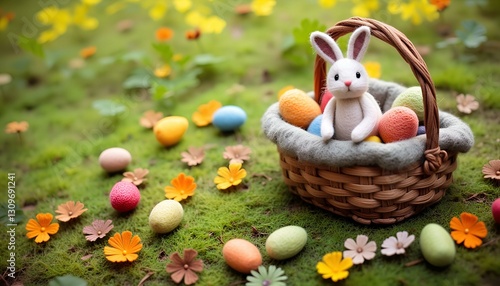 knitted easter bunnies with a basket of eggs


