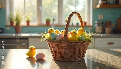 easter eggs in a basket with chicks in the kitchen

