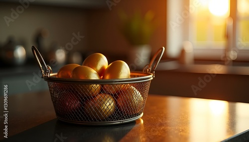 easter eggs in a basket in a sunny kitchen

