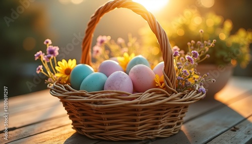 easter eggs in a basket with chicks in the kitchen

