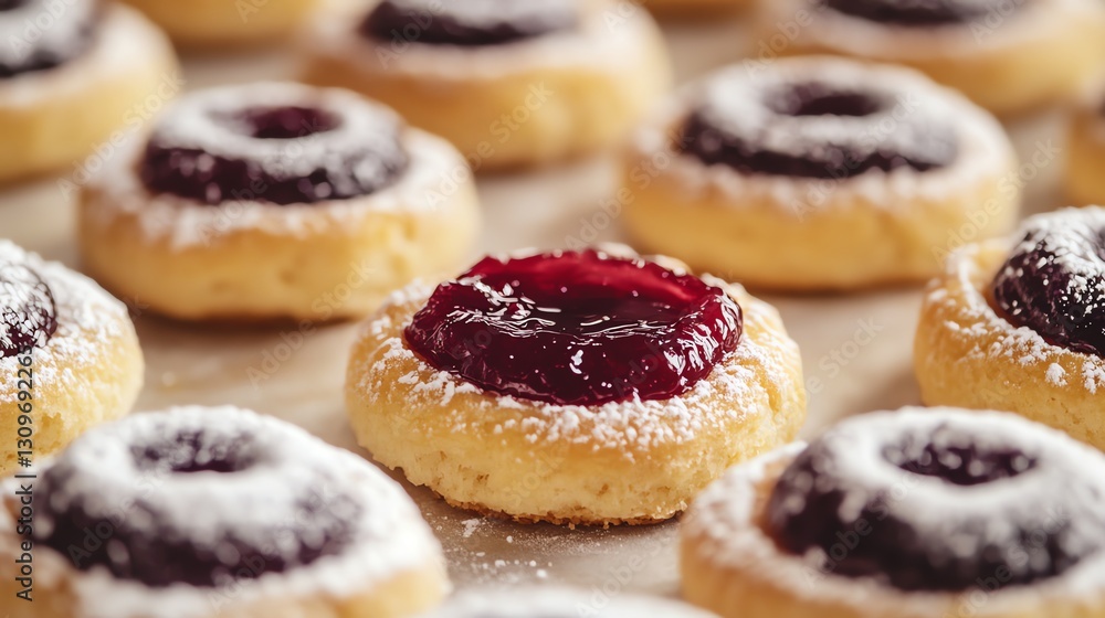 Freshly Baked Thumbprint Cookies with Jam and Powdered Sugar Freshly Baked Thumbprint Cookies with Jam and Powdered Sugar