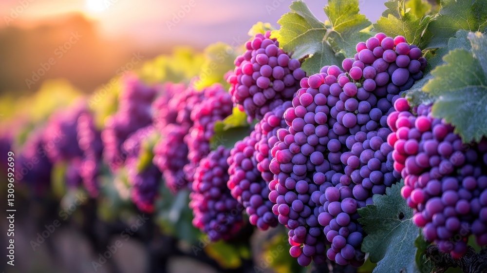 Lush clusters of ripe purple grapes hang heavy on vines at sunset Lush clusters of ripe purple grapes hang heavy on vines at sunset