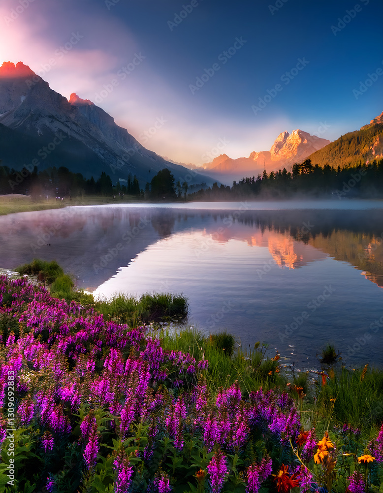 Naklejka premium Serene sunrise over misty lake, vibrant purple fireweed in bloom, mountains silhouette, water reflects sky, tranquil vista