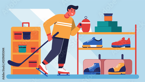 A hockey player marveling at the affordable prices of used skates and sticks at the secondhand sports equipment shop adding to their gear collection.. Vector illustration