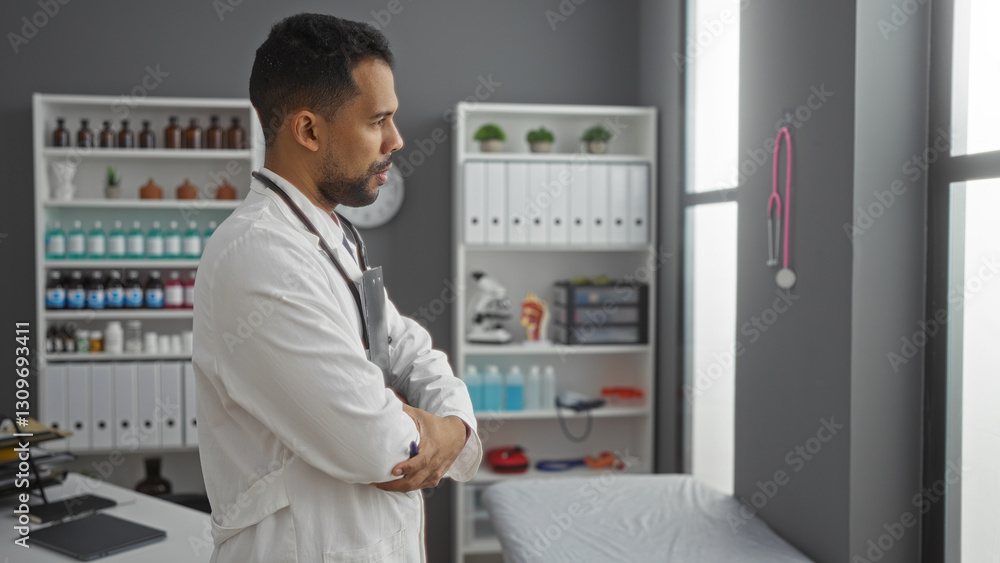 custom made wallpaper toronto digitalHandsome young man stands with arms crossed in a modern clinic setting, exuding professionalism and confidence within a healthcare environment.