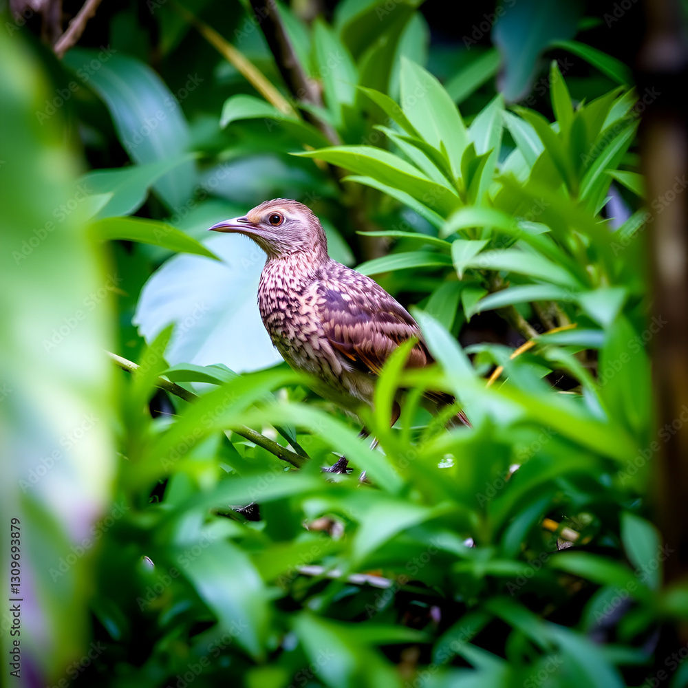 A solitary, mottled brown Undulated Tinamou bird with subtle barring and stripes stands camouflaged amidst dense, vibrant green foliage in a tropical rainforest underbrush. A solitary, mottled brown Undulated Tinamou bird with subtle barring and stripes stands camouflaged amidst dense, vibrant green foliage in a tropical rainforest underbrush.
