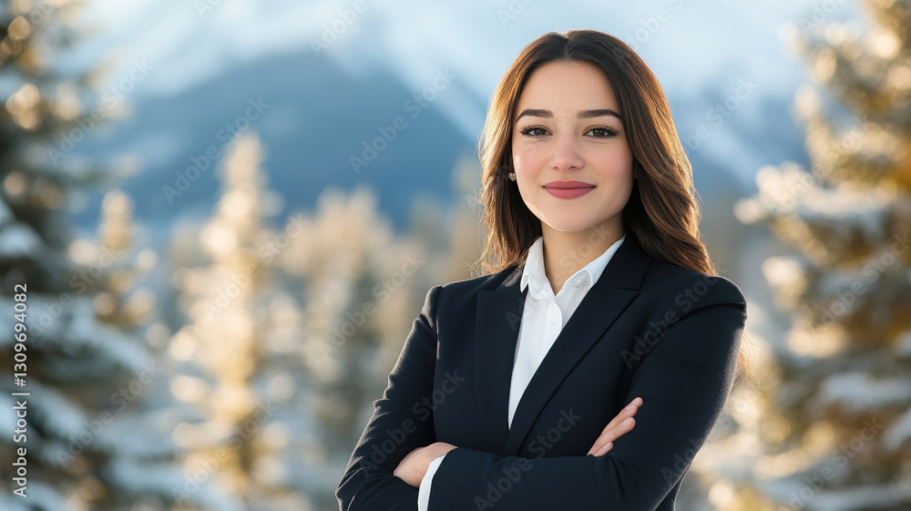 confident businesswoman in tailored suit stands outdoors in snowy landscape, surrounded by trees and mountains. serene environment enhances her professional demeanor confident businesswoman in tailored suit stands outdoors in snowy landscape, surrounded by trees and mountains. serene environment enhances her professional demeanor