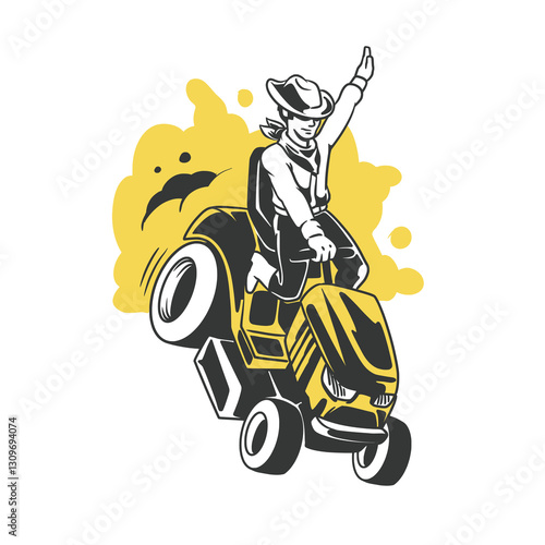 Cowboy Riding a Lawn Tractor Rodeo Style - Fun Vector Illustration