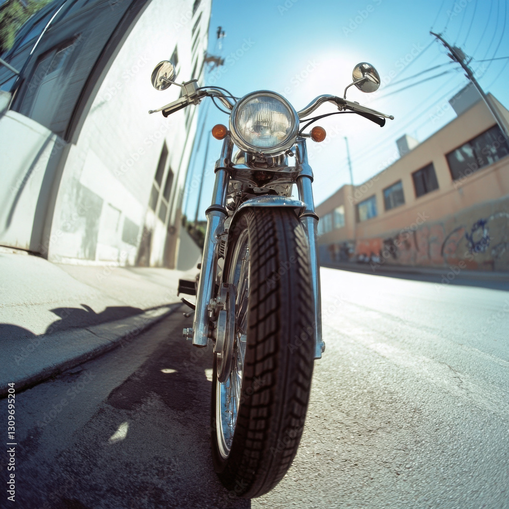 Fototapeta premium A vintage motorcycle parked on an urban street under a clear blue sky, showcasing its classic design against industrial buildings.
