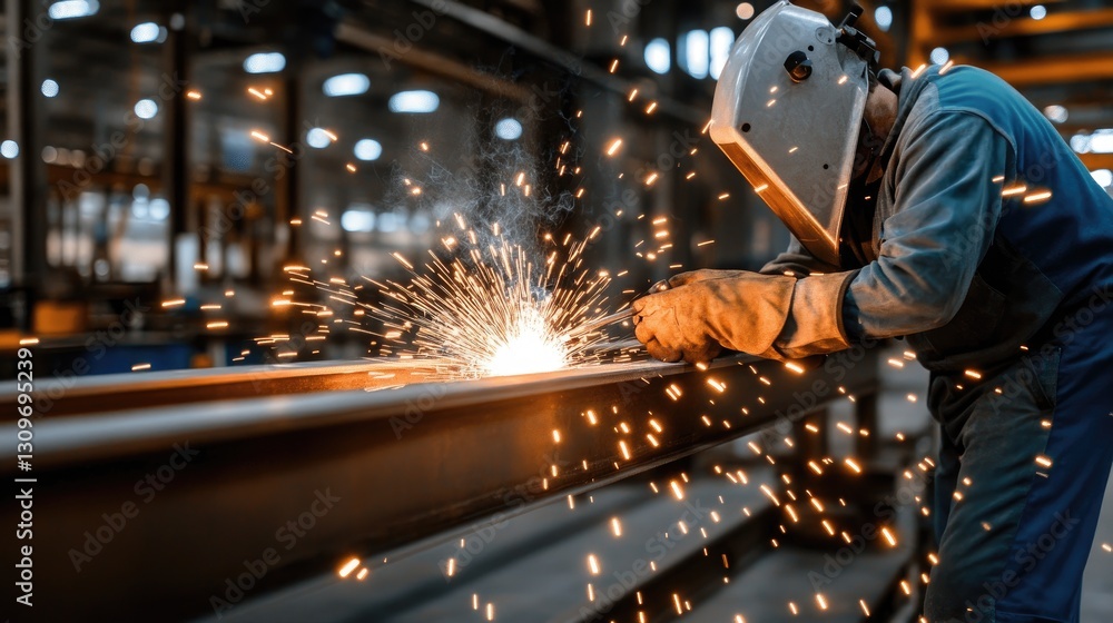 Metal worker uses a welding tool to join materials while sparks illuminate the workspace, showcasing a skilled labor environment Metal worker uses a welding tool to join materials while sparks illuminate the workspace, showcasing a skilled labor environment