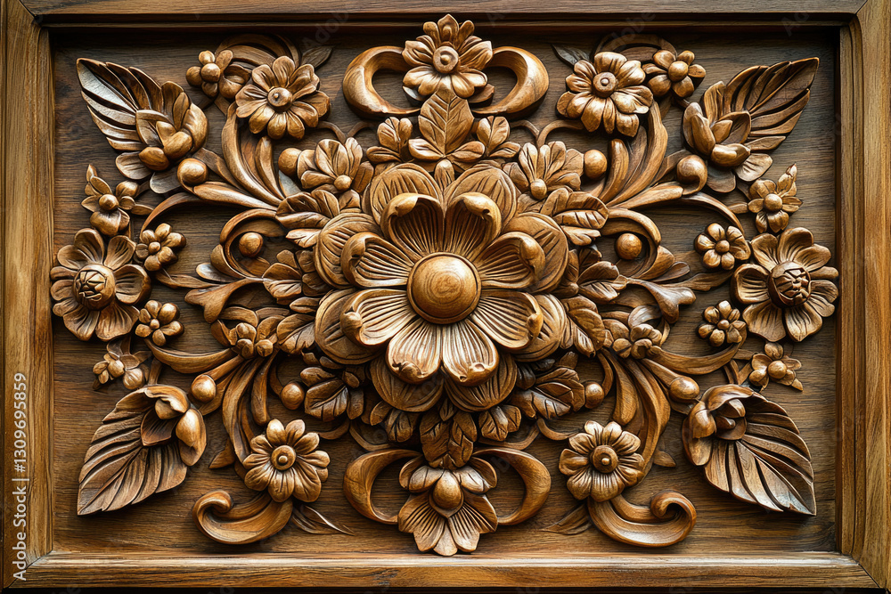 Intricate wooden carving depicting a floral arrangement with swirling patterns and leaves. Intricate wooden carving depicting a floral arrangement with swirling patterns and leaves.