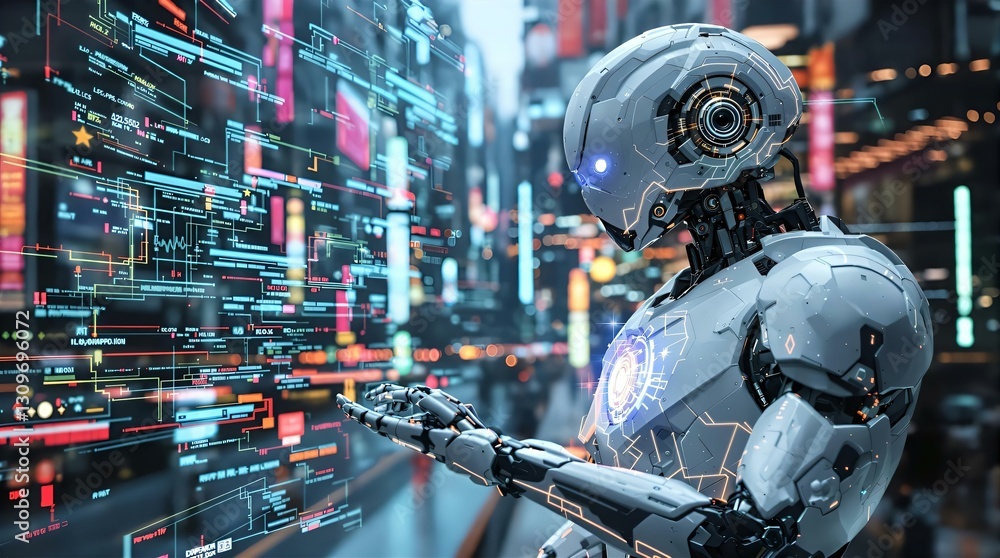 Fototapeta premium Futuristic AI Robot in Cyberpunk City: Advanced Technology, Artificial Intelligence, Sci-Fi Concept, Digital World, High-Tech Image