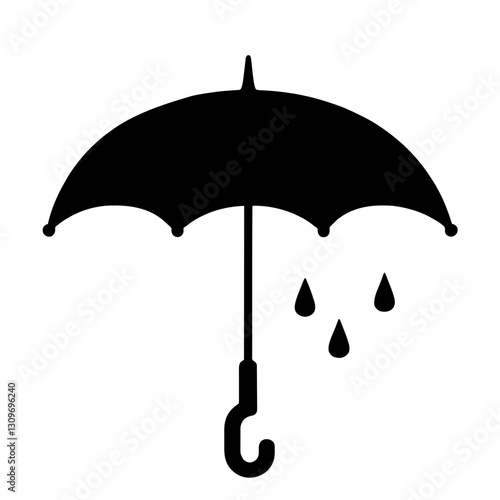 Minimalist black silhouette of an open umbrella with raindrops on a white background